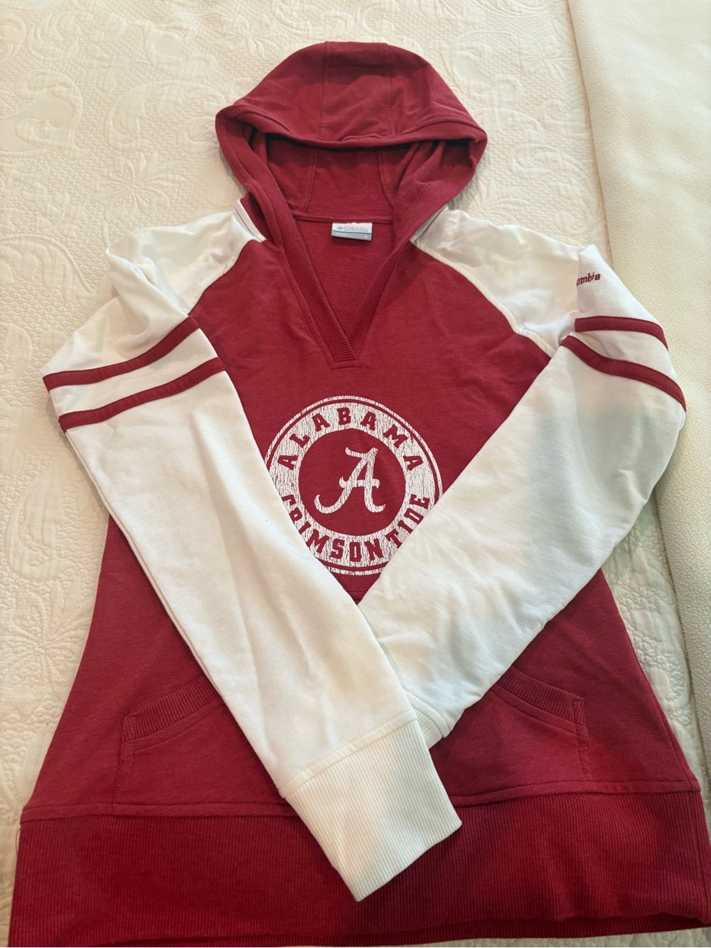 Columbia Crimson and White V-Neck Hooded Pullover Sweater with Alabama Logo